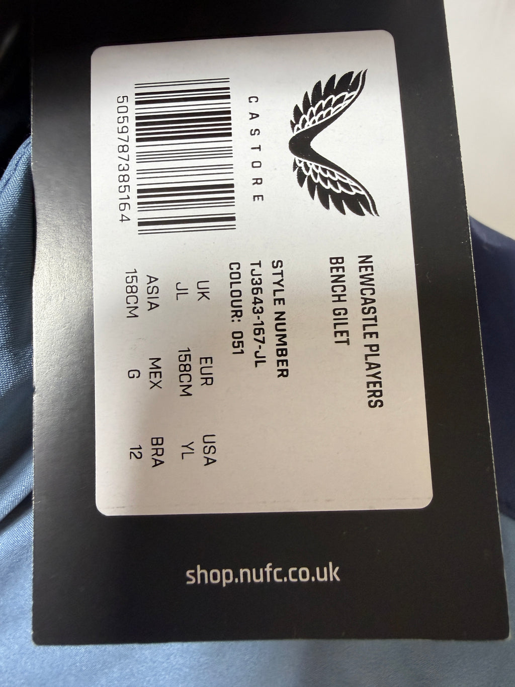 Newcastle United Castore Padded Gilet – Light Blue – Junior Large (JL) – BNWT